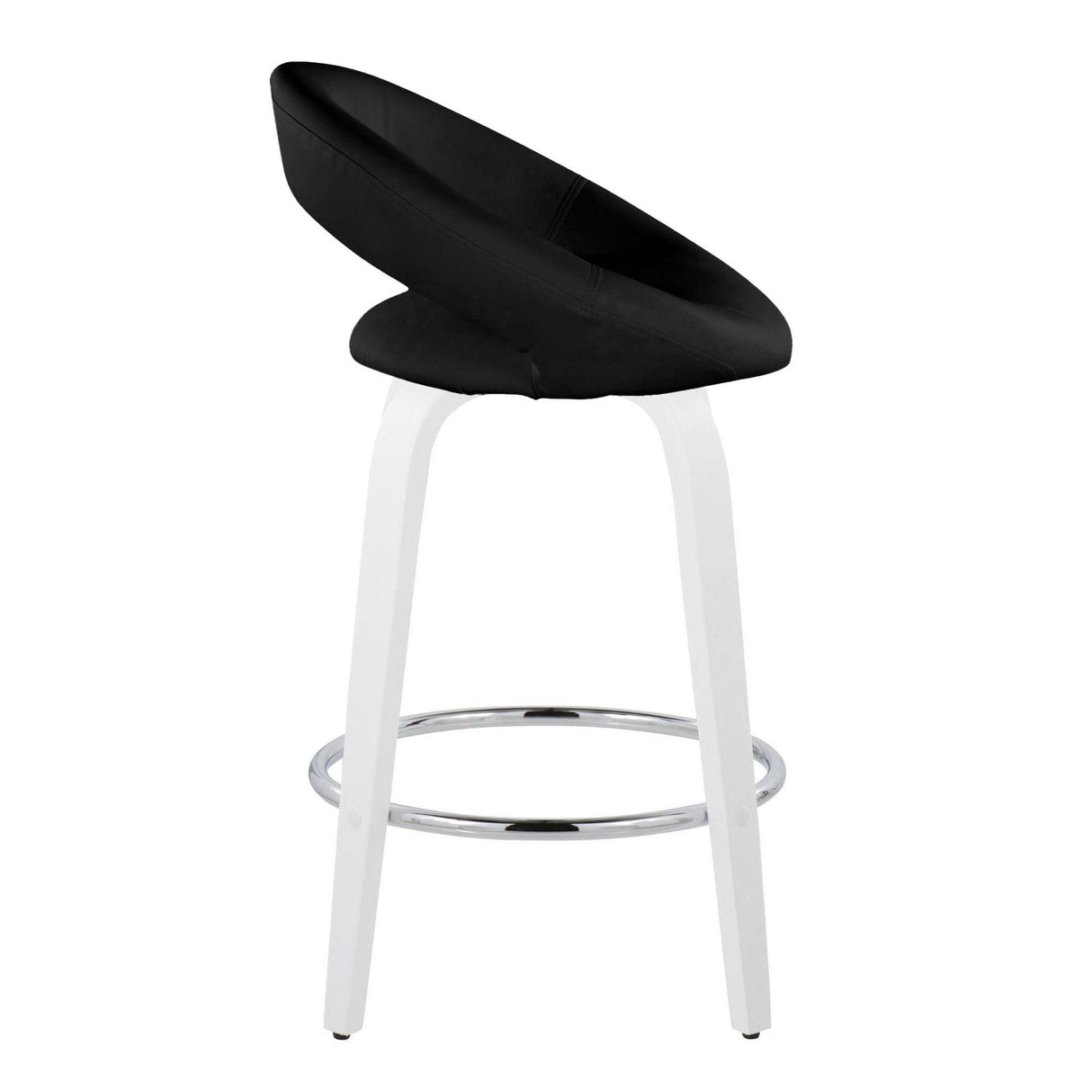 Posh - Contemporary Fixed-Height Swivel Counter Stool (Set of 2) - White Wood & Black Faux Leather & Round Chrome Footrest