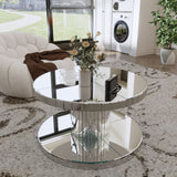 Luxury Double Tier Round Mirror Coffee & End Table With Fluted Glass Modern Sofa Side Table - Silver / Glass