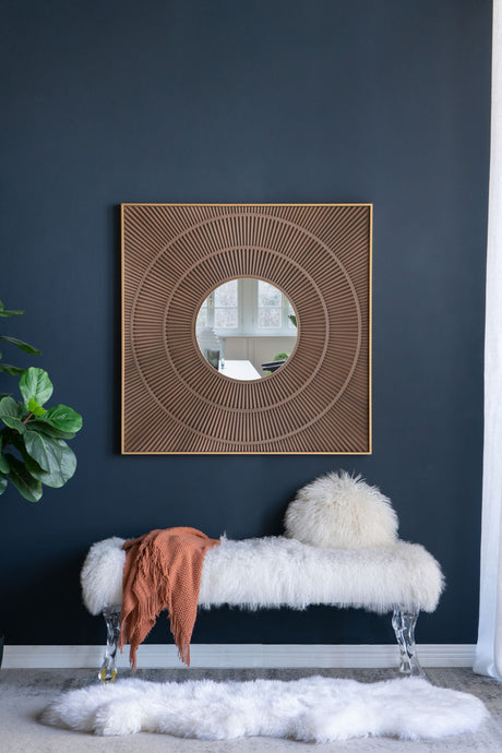 Square Carved Mirror With Pleated Design WithIron Frame, Neutral Colorway Wall Decor For Living Room Bathroom Entryway