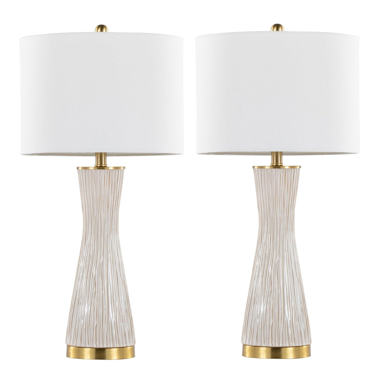 Gemma - Brush Ceramic Table Lamp (Set of 2) - Gold Metal, White Ceramic, White Linen