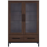 Modern Style Tall Display Cabinet With LED Lighting, Tempered Glass Door, 2 Drawers