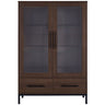 Modern Style Tall Display Cabinet With LED Lighting, Tempered Glass Door, 2 Drawers