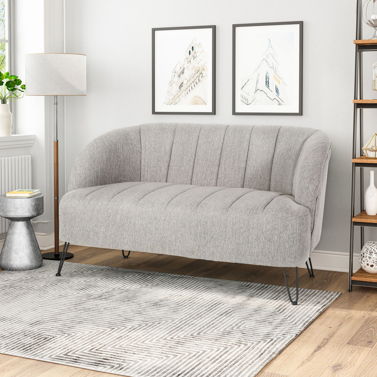 Modern Loveseat With Channel Stitching And Iron Legs - Light Gray