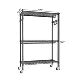 Heavy Duty Rolling Clothes Rack With 3 Tier Shelves, 2 Rails & Side Hooks, Adjustable Freestanding Organizer Metal - Black