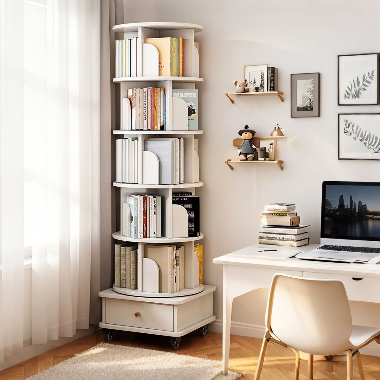 Rotating Bookshelf With Wheels And Drawer, 360° Spinning Design, Space Saving Storage