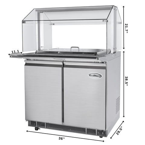 36 in. Commercial Refrigerated Prep Station with Sneeze Guard and Buffet Slide, 6 Pans with Covers and Two Adjustable Shelves in Stainless-Steel, ETL Listed (KM-RBT-36CSFG)