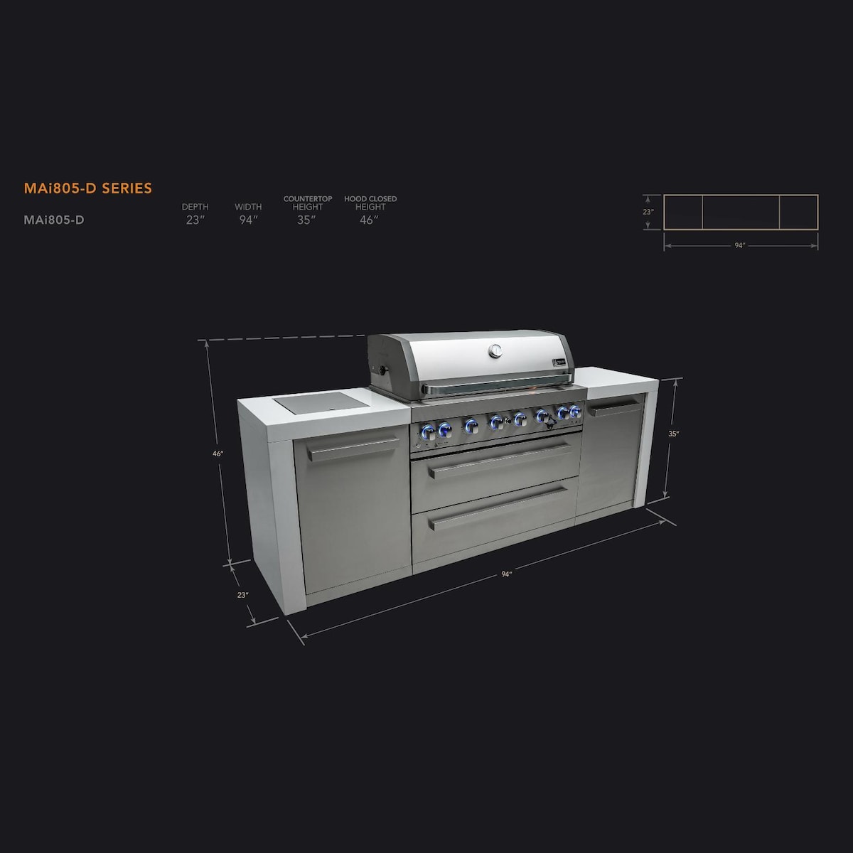 Mont Alpi Deluxe Series 8 Ft Natural Gas Outdoor Kitchen Island w/ Side Burner - MAi805-D