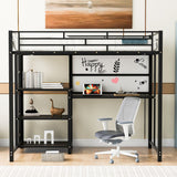 Metal Loft Bed With Desk, 3 Shelves And Ladder