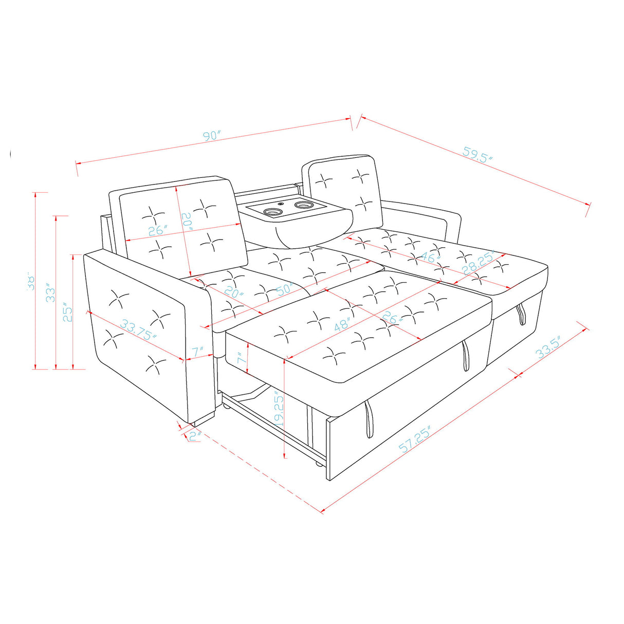 Gustavo - Sofa, Pull Out Bed, Storage Chaise, USB And Cup Holders - Beige