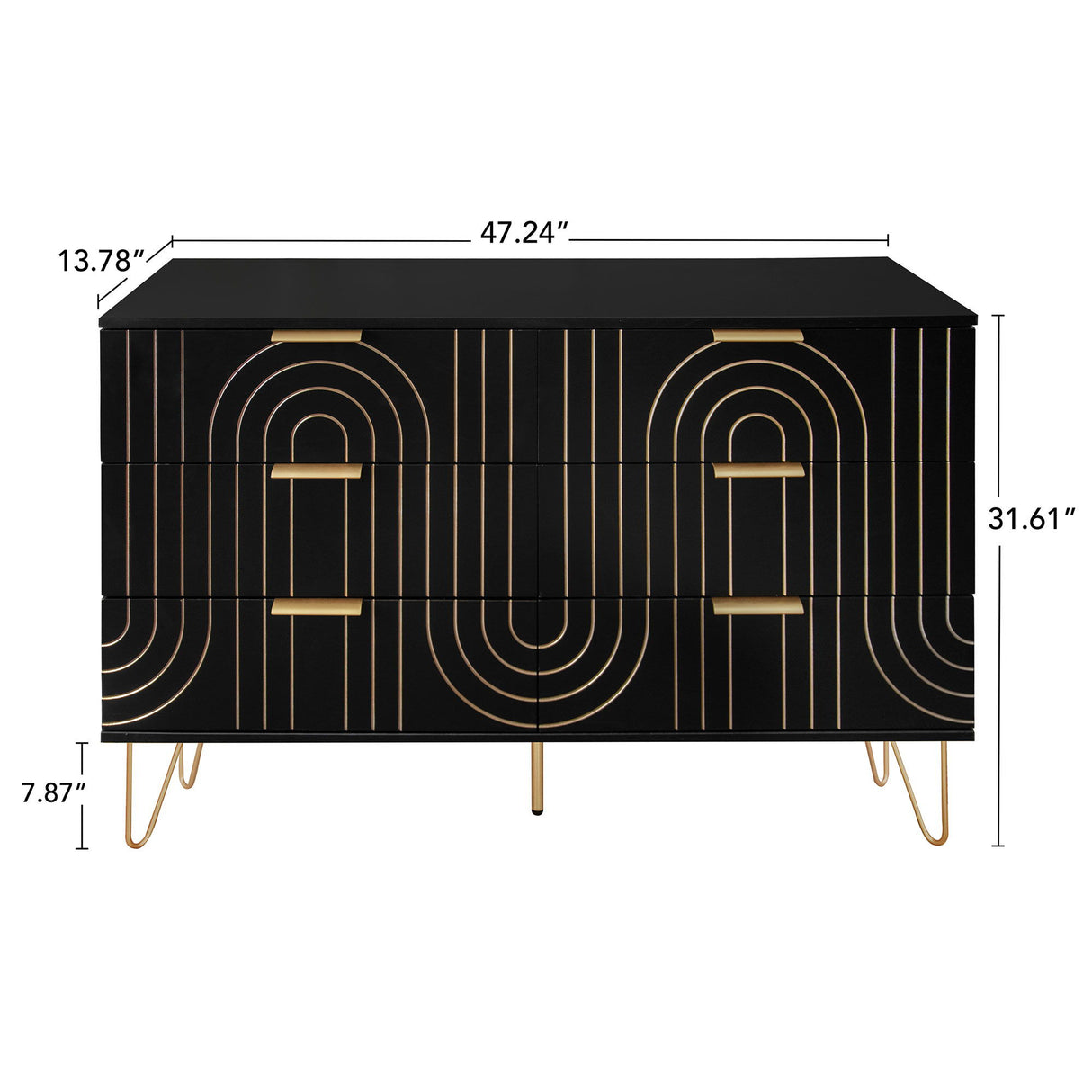 Modern 6 Drawer Dresser, Modern Dresser With Metal Handles, Storage Chest Of Drawer, Wide Dresser Drawer Organizers With Carving Design For Bedroom, Living Room, Hallway - Black