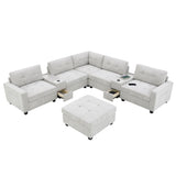 Sectional With Acrylic Table Top U Shaped Couch Set With 2 Consoles USB Charger, Storage Drawers And Pockets Movable Ottoman Tufted Sofa