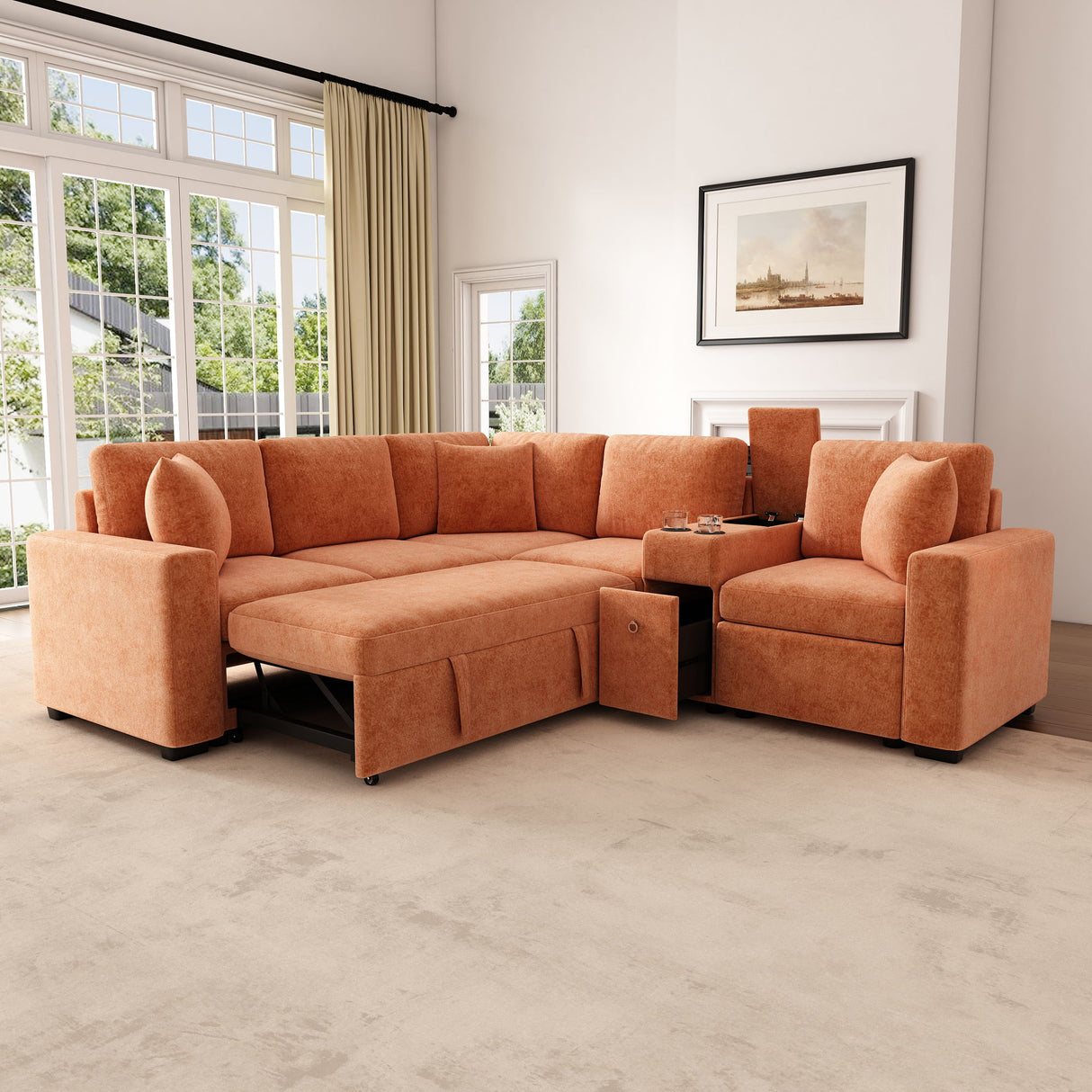 Contemporary L Shaped Convertible Sofa Bed With Pull Out Bed, Cup Holders, And Storage