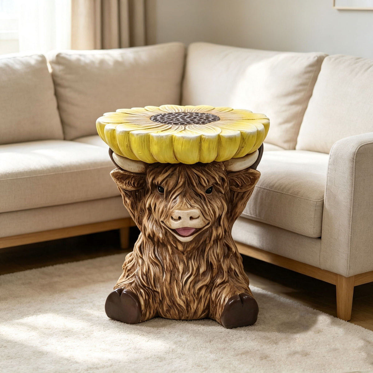 Highland Cow Stool With Sunflower Top, Animal Figurine Seat, Indoor Outdoor Decor - Apricot Brown