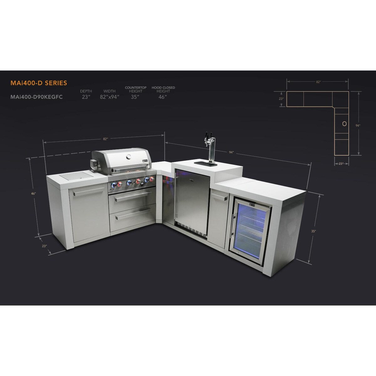 Mont Alpi Deluxe Series 7 Ft L-Shaped Propane Outdoor Kitchen Island w/ Side Burner, Kegerator & Fridge - MAi400-D90KEGFC
