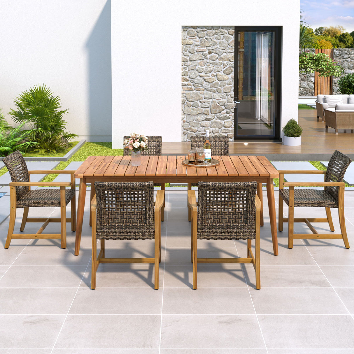 7 Piece Patio Dining Set, Slatted Table & 6 Chairs For Patio Garden - Mocha / Teak