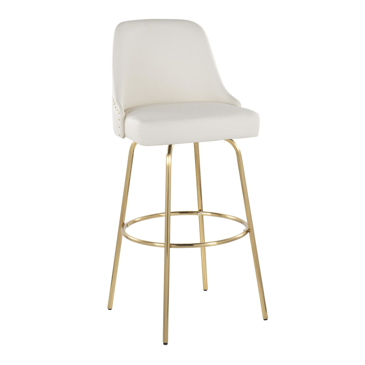 Marcel - 30" Fixed-Height Barstool With Swivel And Round Gold Metal Footrest (Set of 2) - Gold Metal And White Faux Leather With Gold Nailhead Trim