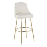 Marcel - 30" Fixed-Height Barstool With Swivel And Round Gold Metal Footrest (Set of 2) - Gold Metal And White Faux Leather With Gold Nailhead Trim