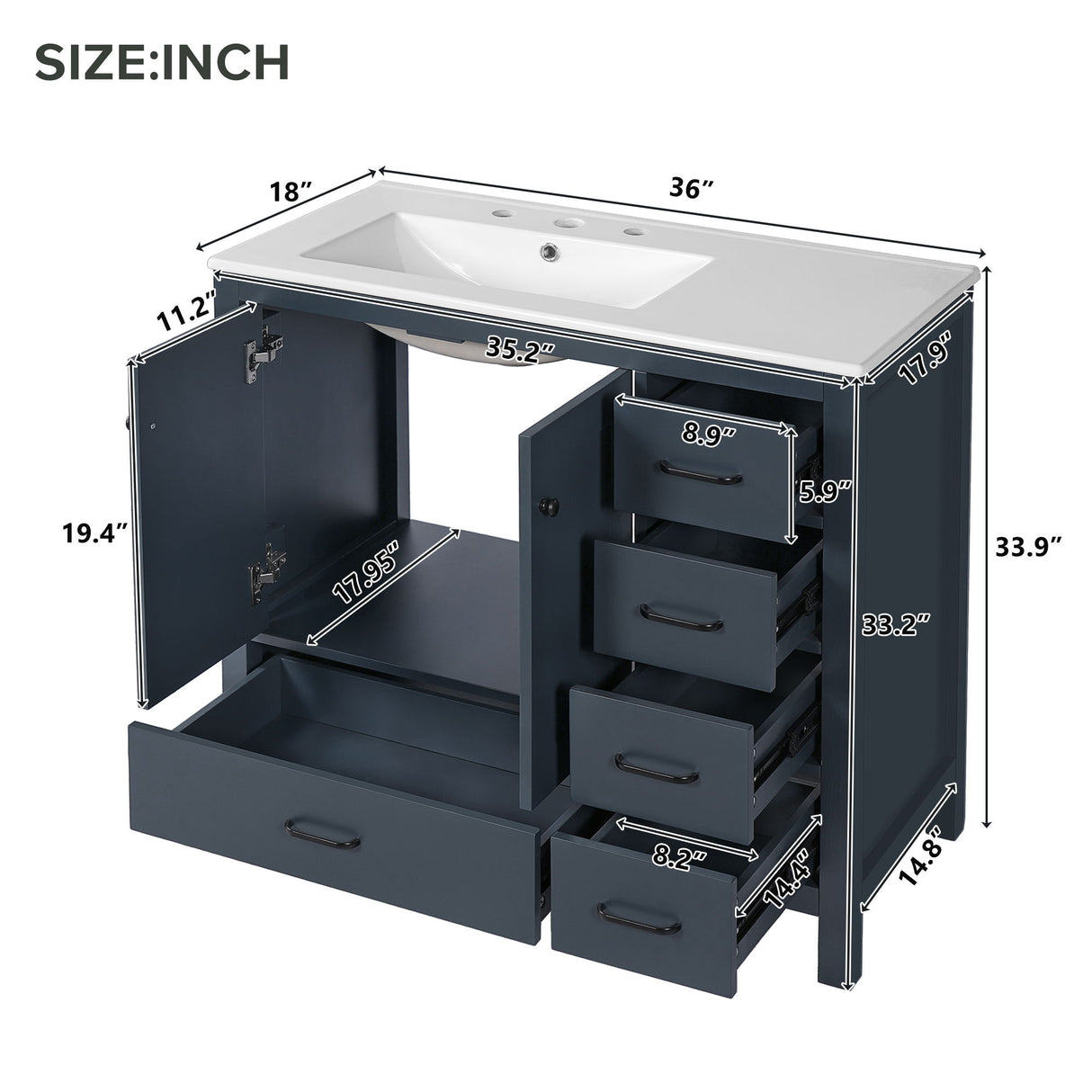 Bathroom Vanity With Ceramic Sink Combo, Abundant Storage Cabinet 2 Soft Close Doors And 5 Drawers