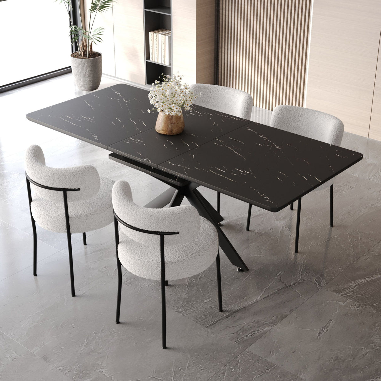 Extendable Dining Table Set With Curved Backrest Upholstered Chairs