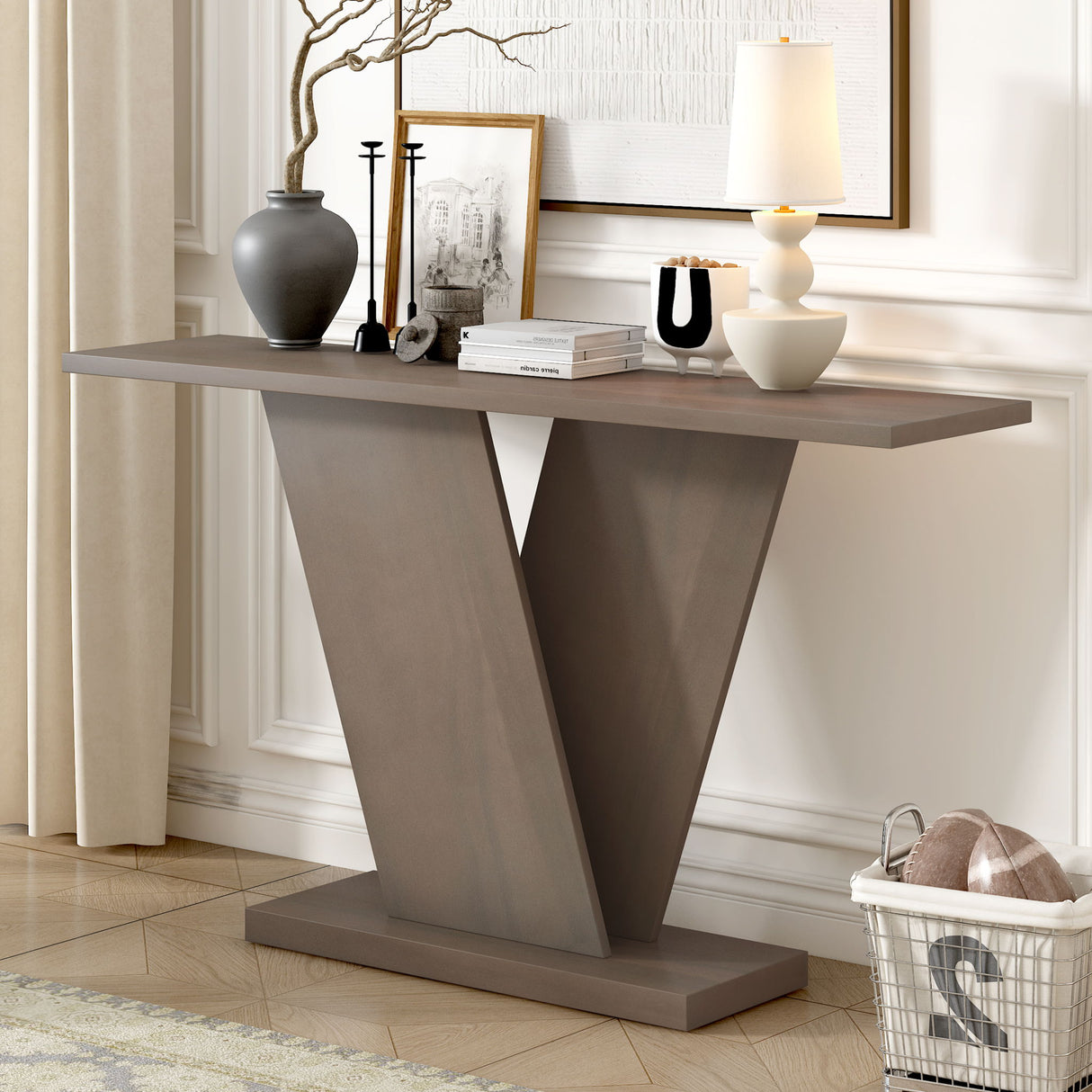Console Table With V Shape Base, Sculptural Entryway Accent