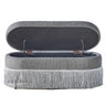 Oval Upholstered Storage Ottoman With Fringe Trim & Lift Top Lid