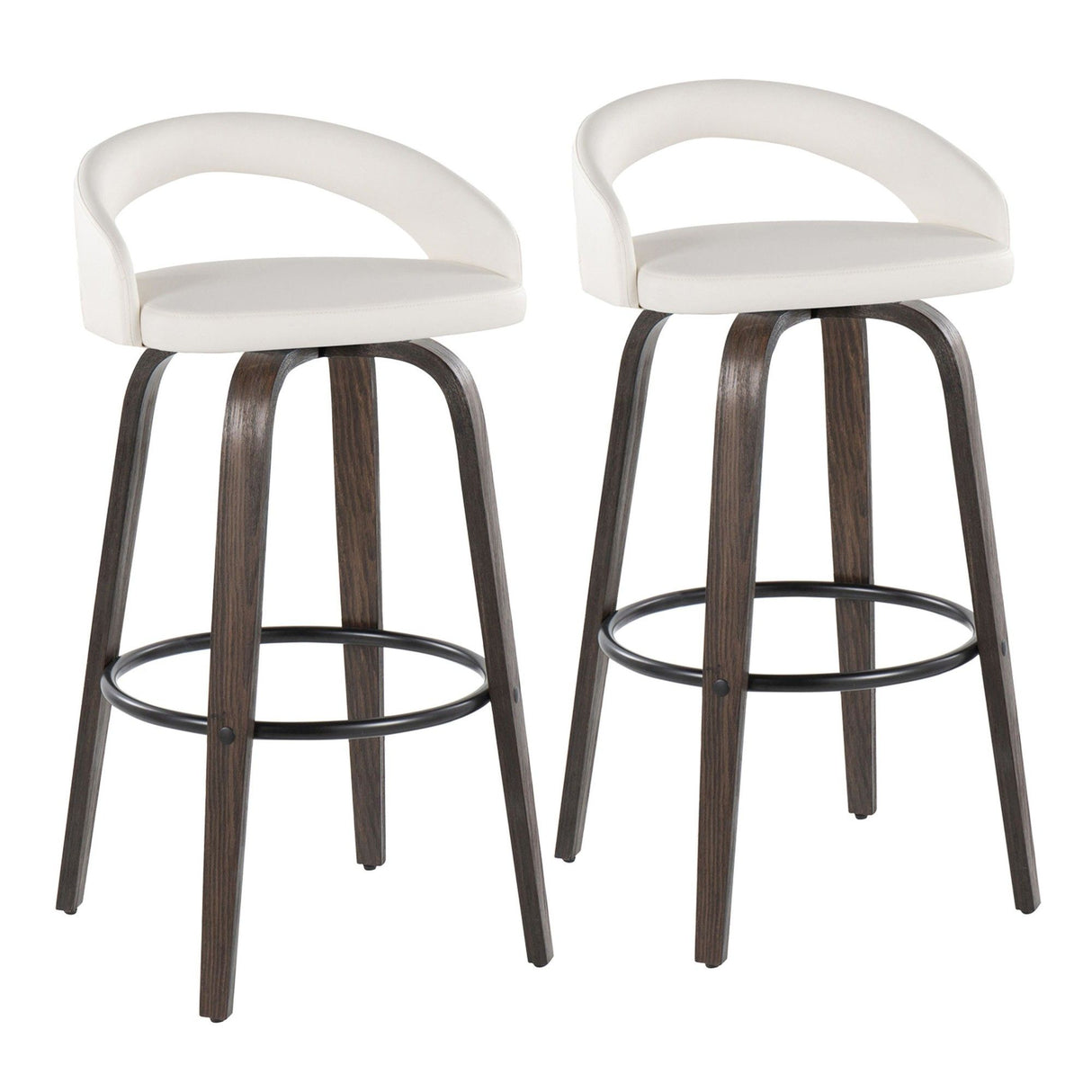 Grotto - Upholstered Fixed-Height Barstool (Set of 2) - Walnut Glazed Wood, White Faux Leather, Black Metal
