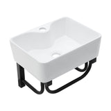 Rectangular Bathroom Sink With Towel Bar & Faucet Hole, Wall Mounted - White
