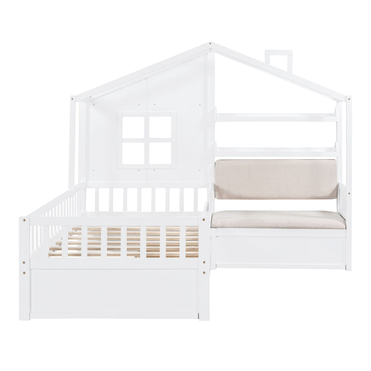 House Bed With Sofa, Kids Platform Bed With 2 Drawers And Storage Shelf