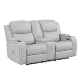 Elonzo - Power Motion Loveseat With Console, LED, Power Headrest & Speaker - Light Gray