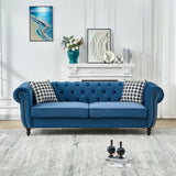 Mid Century Chesterfield Velvet Fabric Sofa With Roll Armrest & Nailhead, Blue, 87 Inches