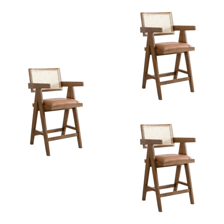 Harley - Nutmeg Brown Solid Wood And Rattan Upholstered 26" Counter Height Barstool