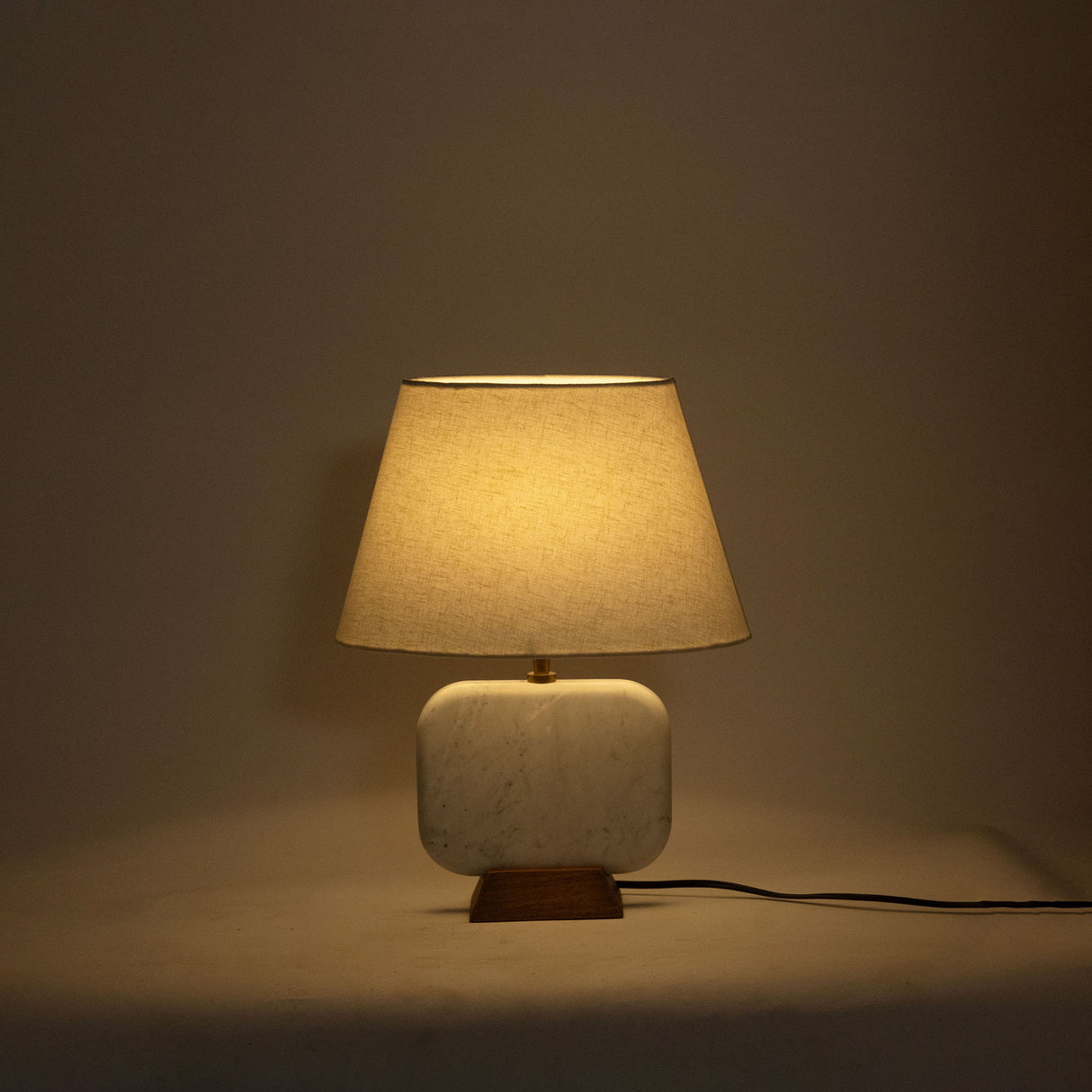 Solis - 14" Genuine Marble And Mango Wood Base With Linen Textured Fabric Shade Table Lamp