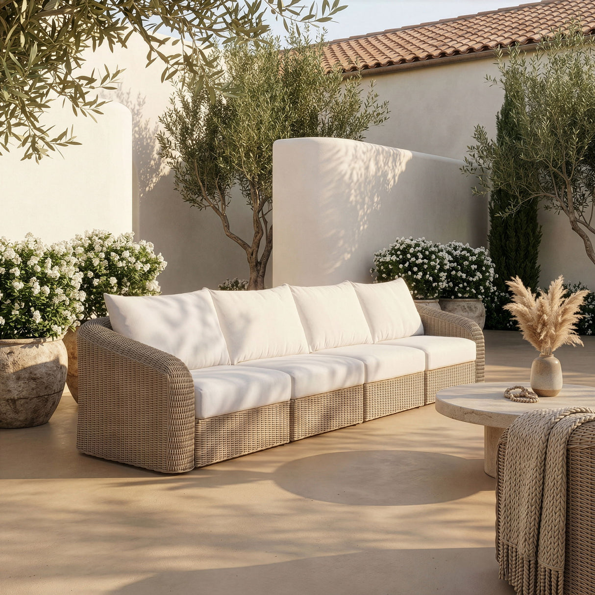 Seacrest - Olefin Water Resistant Fabric And Wicker 4 Piece Outdoor Patio Modular Sofa