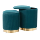 Marla - Nesting Pleated Ottoman (Set of 2) - Gold Metal, Peacock Teal Velvet