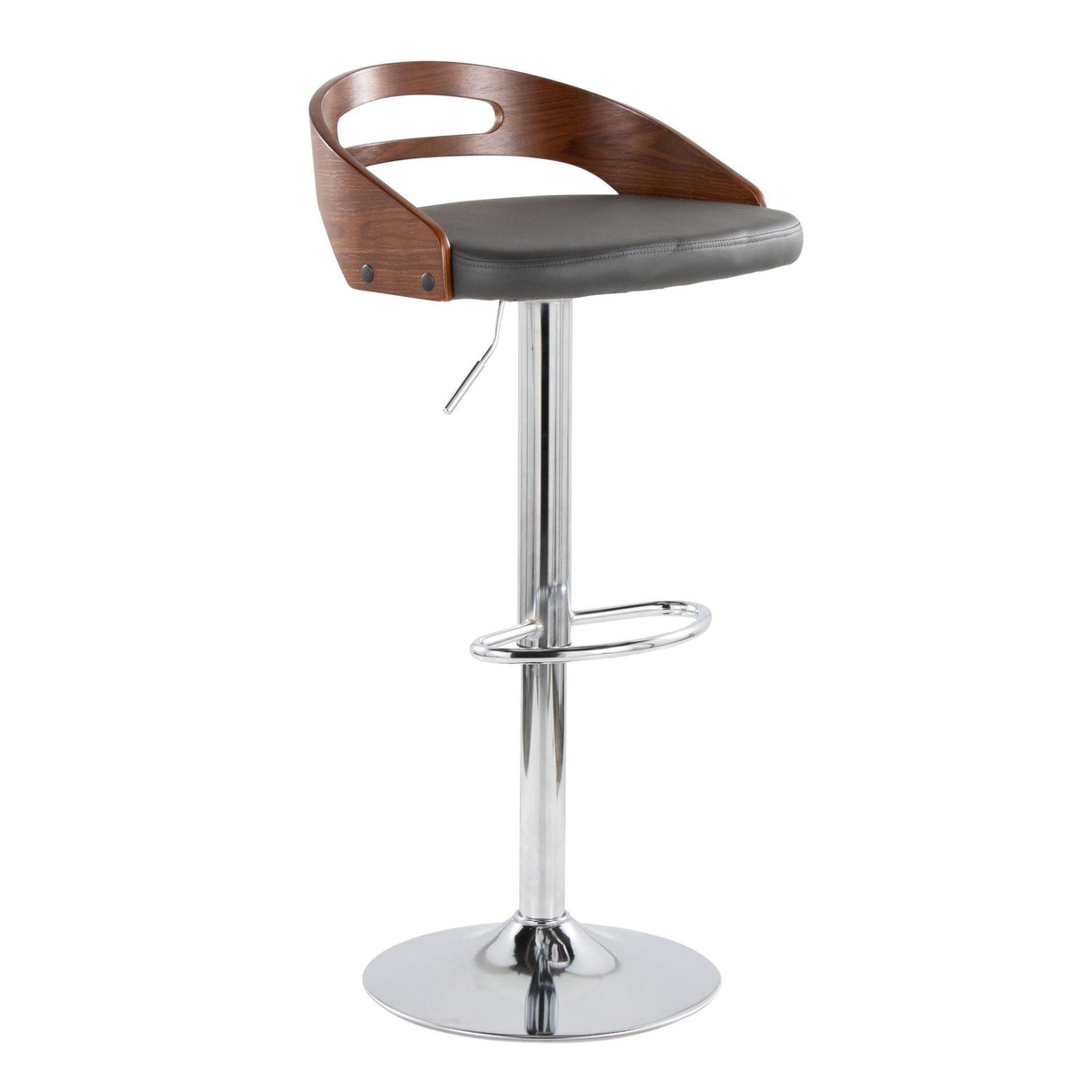 Cassis - Mid-Century Modern Adjustable Barstool With Swivel (Set of 2) - Chrome Metal, Walnut Wood And Gray Faux Leather With Oval Footrest