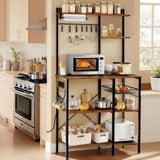 Bakers Rack With Power Outlet, Coffee Bar With S-Shaped Hooks, Kitchen Shelf With Wire Basket - Black / Brown