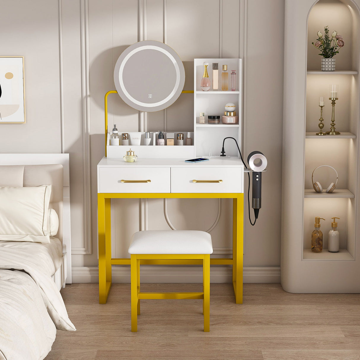 Makeup Vanity Table With LED Lights, 3 Color Options, Power Outlet