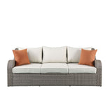 Salena - Patio Sofa With 2 Pillows & 2 Ottomans - Beige Fabric & Gray Wicker