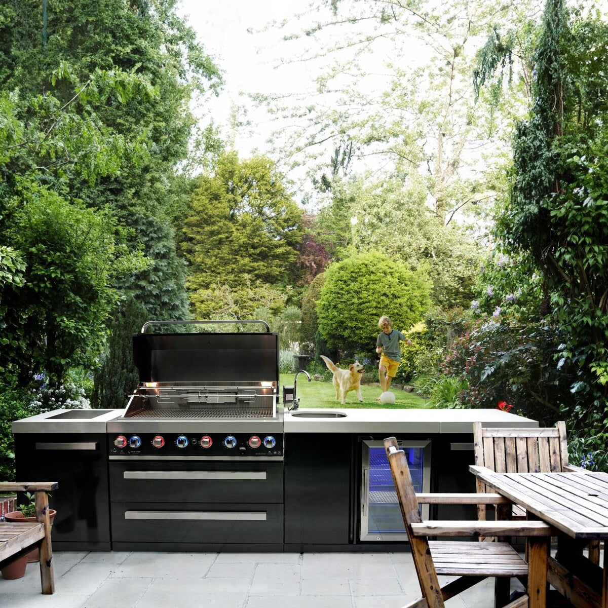 Mont Alpi Black Series 11 Ft Natural Gas Outdoor Kitchen Island w/ Side Burner & Beverage Center- MAi805-BSSBEV