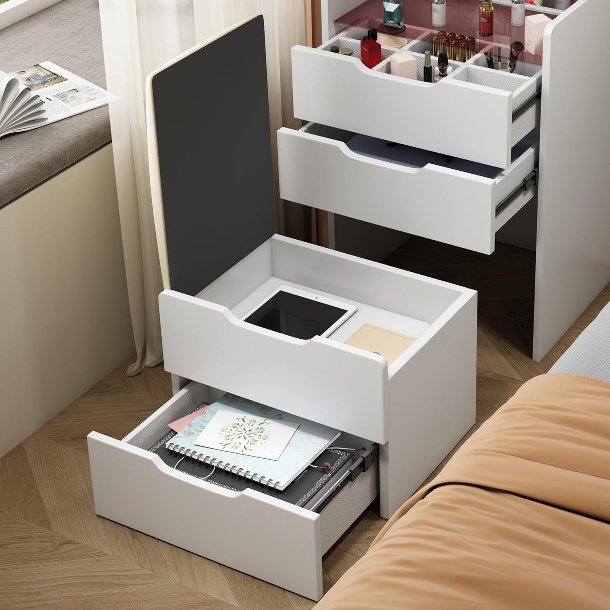 3 In 1 Vanity Desk With Flip Top Mirror, Compact Makeup Table With Glass Top And 3 Drawers