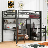 Metal Loft Bed With Wardrobe, Desk, Storage Shelves