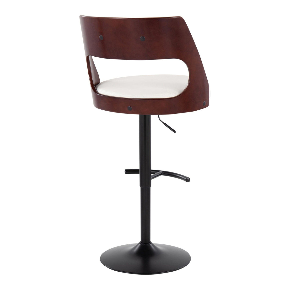 Cecina - Contemporary Adjustable Swivel Barstool (Set of 2) - Black Metal, Cherry Wood, And White Faux Leather With Rounded T Footrest