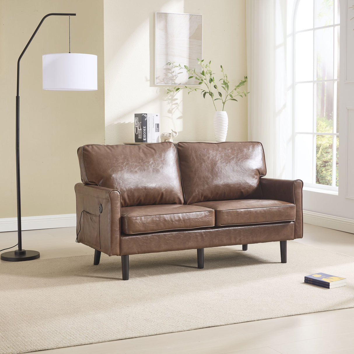 Mid Century Modern Loveseat Sofa With USB Ports, Removable Pillow Cover