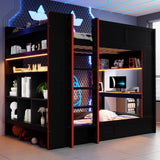 Full Size Gaming Bunk Bed With Desk, Storage Shelves, LED And Charging Station - Black