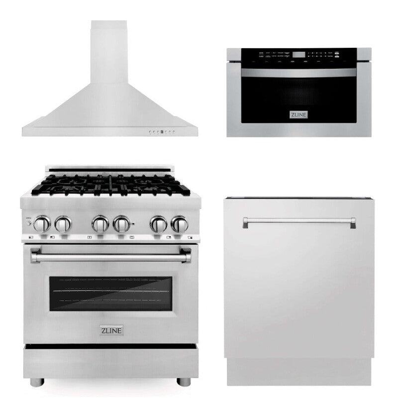 30 in. Kitchen Package with Stainless Steel Dual Fuel Range, Range Hood, Microwave Drawer and Classic Dishwasher - (4KPRARH30MWDW) -