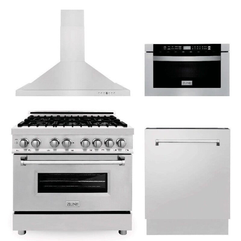 36 in. Kitchen Package with Stainless Steel Dual Fuel Range, Range Hood, Microwave Drawer and Classic Dishwasher - (4KPRARH36MWDW) -
