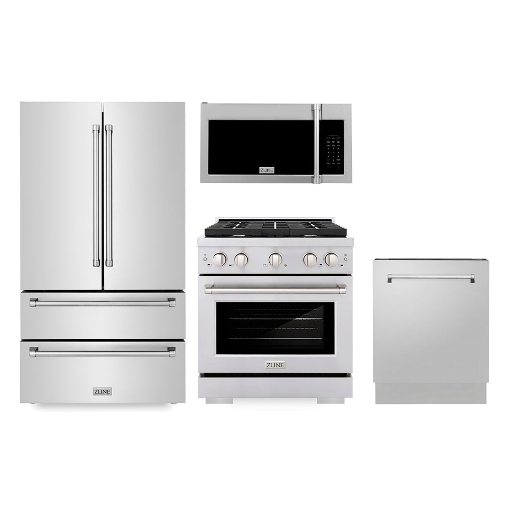 Kitchen Package with Refrigerator, 30 in. Stainless Steel Gas Range, 30 in. Traditional Over The Range Microwave and 24 in. Tall Tub Dishwasher - (4KPRSGROTRH30DWV) -