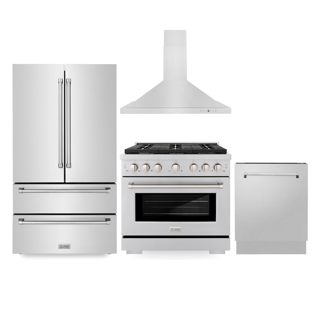 Kitchen Package with Refrigerator, 36 in. Stainless Steel Gas Range, 36 in. Convertible Vent Range Hood and 24 in. Tall Tub Dishwasher - (4KPRSGRRH36DWV) -