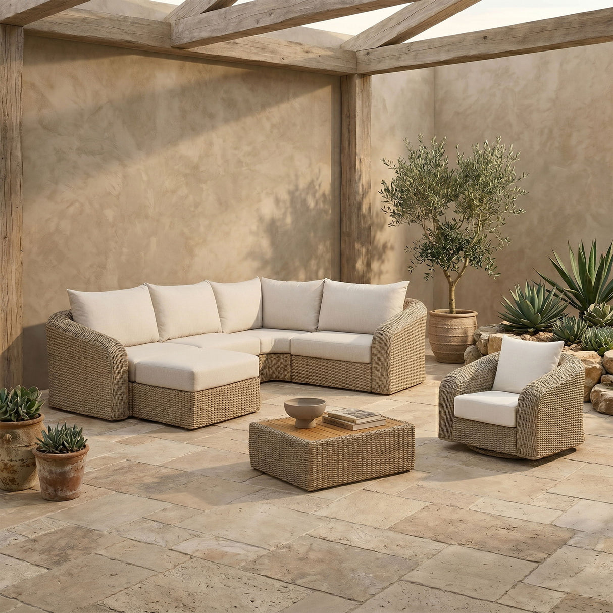 Seacrest - Olefin Water Resistant Fabric And Wicker 5 Piece Outdoor Patio Modular Sectional