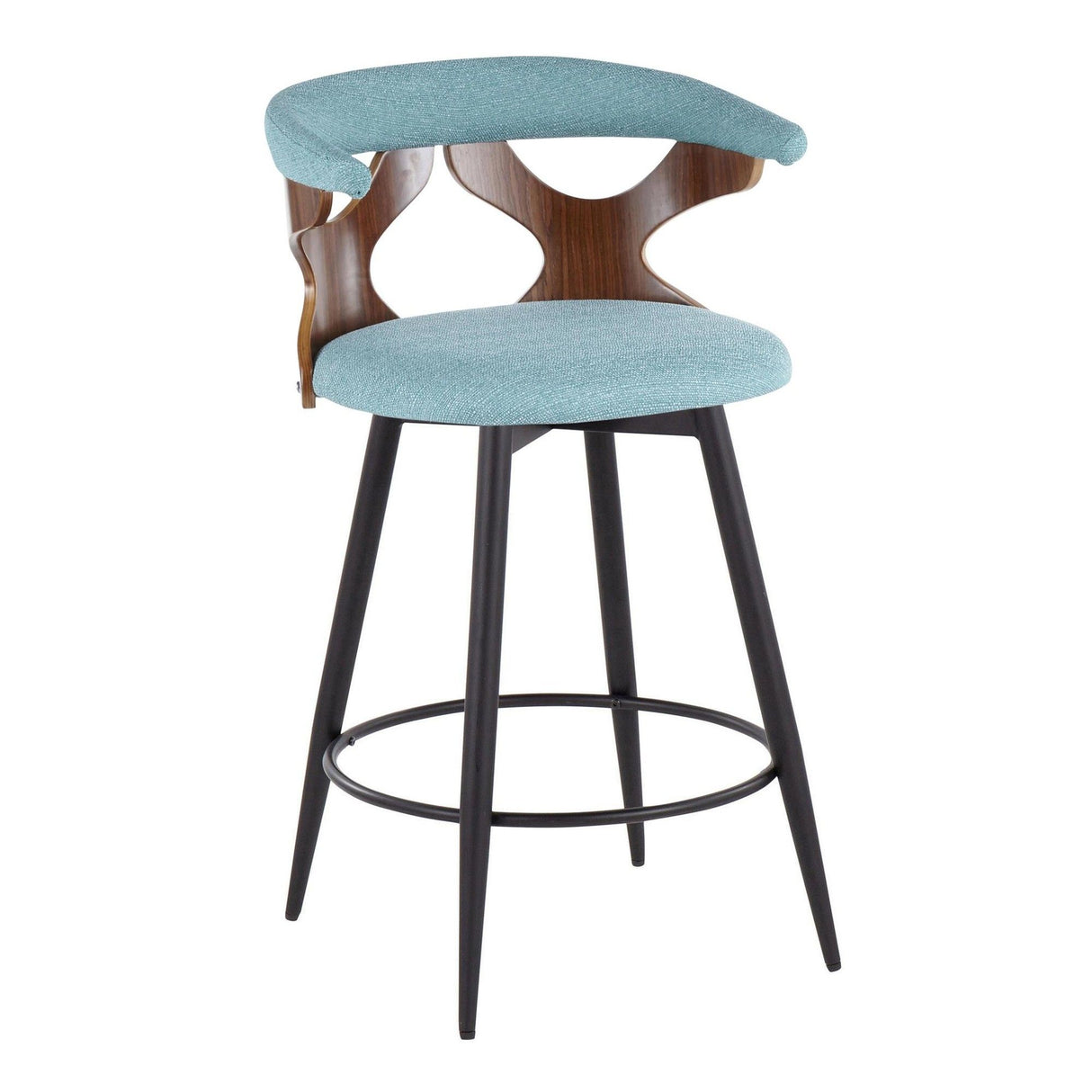 Gardenia - 25" Fixed-Height Counter Stool With Swivel And Rounded Black Metal Footrest (Set of 2) - Black Metal, Walnut Wood